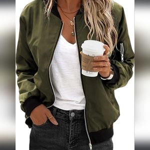 NWOT Women's Bomber Jacket Casual Coat Zip Up Outerwear Windbreaker with Pocket